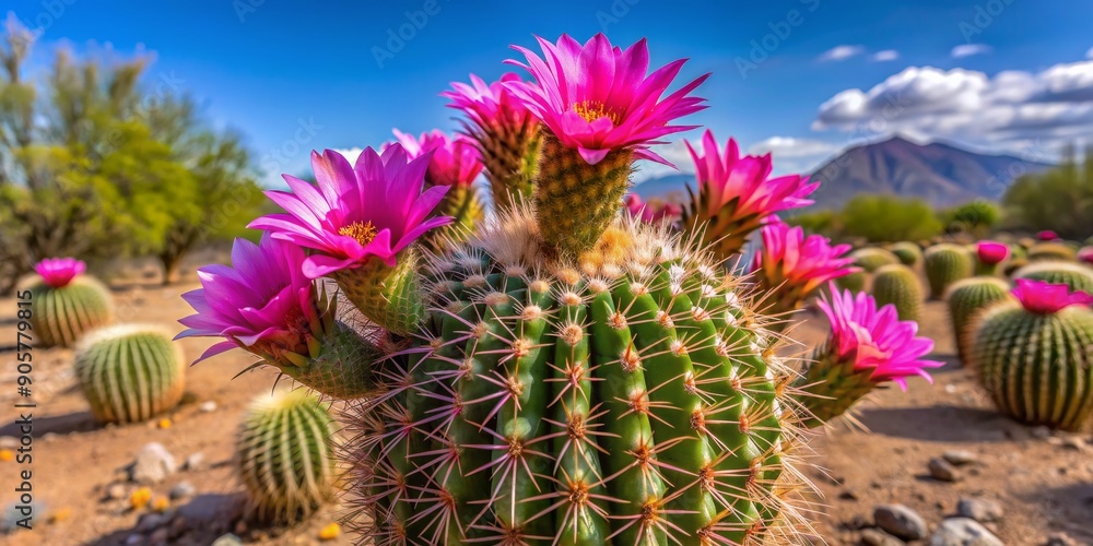 Close-up of a blooming pink cactus flower with a mountain in the background, Cactus, Desert Flower, Arizona, Blooming Close-up of a blooming pink cactus flower with a mountain in the background, Cactus, Desert Flower, Arizona, Blooming