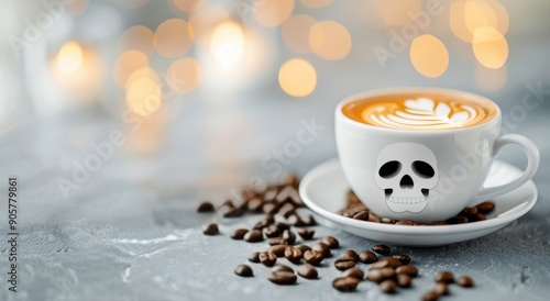 Coffee With Intricate Skull Latte Art Surrounded by Coffee Beans