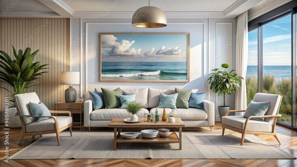 Fototapeta premium Coastal Living Room with Ocean View and Wooden Accents, interior design, coastal living, ocean view, beach house, living room design