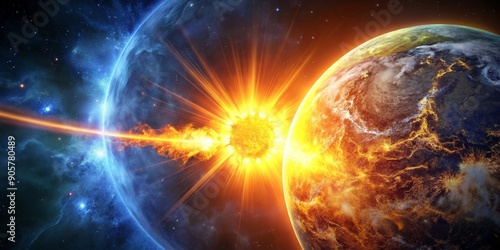 Cosmic Collision Earth's Demise, Digital Painting, Two Planets, Sun, Space, Destruction, Fire photo