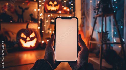 Blank Smartphone Mockup Screen Held Against Halloween Decorations, Including Pumpkins And Fairy Lights
