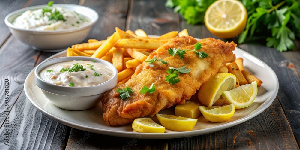 Crispy Fried Fish with Lemon Wedges and Creamy Sauce, Fish and Chips, Fried Food, British Cuisine, Seafood Crispy Fried Fish with Lemon Wedges and Creamy Sauce, Fish and Chips, Fried Food, British Cuisine, Seafood