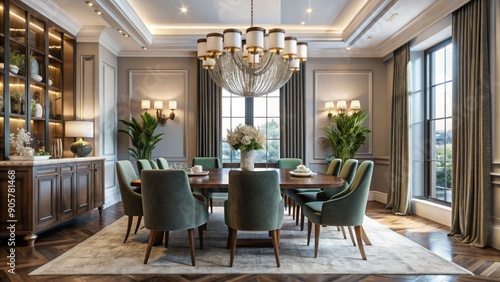 Elegant Dining Room with Crystal Chandelier and Green Velvet Chairs, Interior Design, Luxury Home, Dining Room Decor, Chandelier