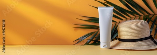 Sun Care Essentials With Straw Hat and Green Leaf on Vibrant Orange Background