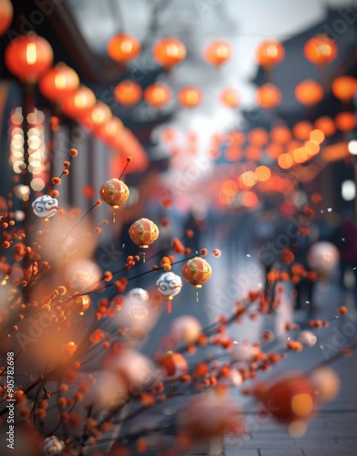 Cherry Blossom Lanterns Illuminate Busy Street During Spring Festival Celebra...