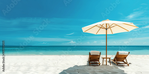 parasol and couple of sunbeds in a deserted beach with clear blue sea beach lounge chairs and a beach umbrealla near ocean