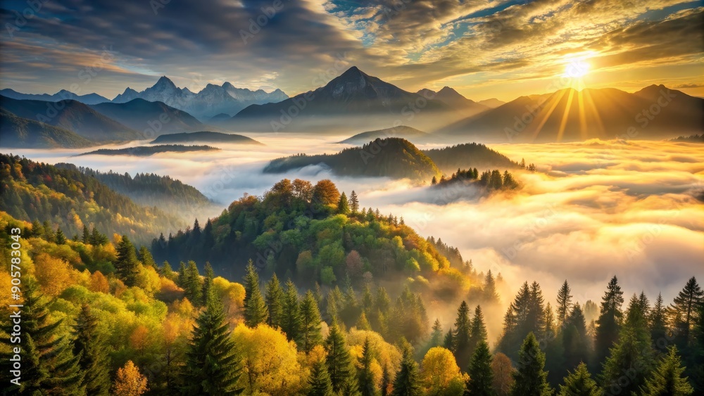 Golden Sunrise Over Foggy Mountain Peaks, Aerial View, Mountain Landscape, Fog, Sunrise, Forest Golden Sunrise Over Foggy Mountain Peaks, Aerial View, Mountain Landscape, Fog, Sunrise, Forest