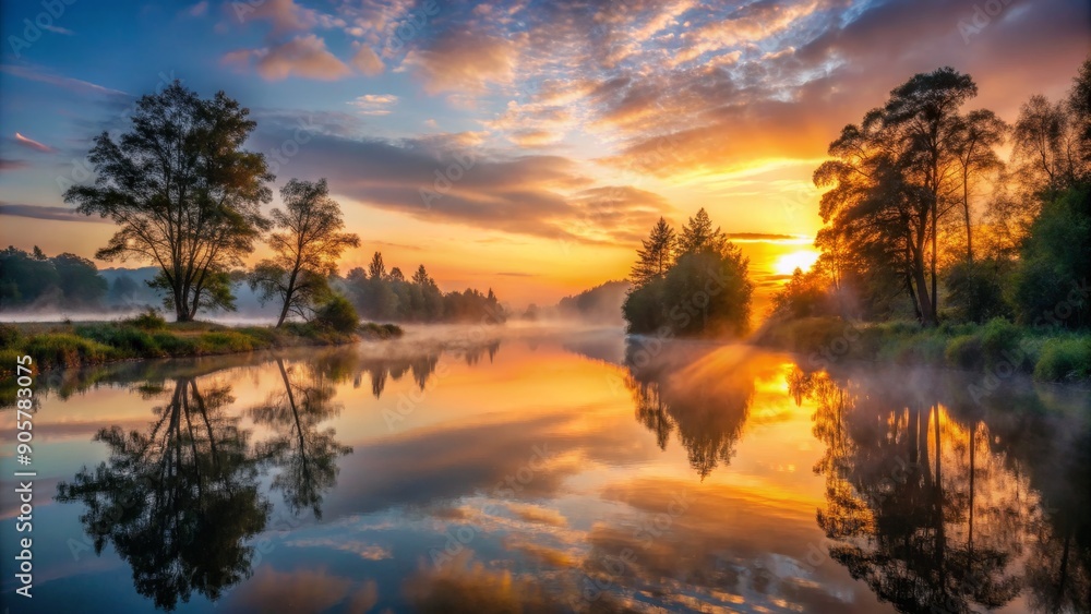 Fototapeta premium Golden Sunrise Reflections on a Misty River, landscape , nature , sunrise , reflection , misty