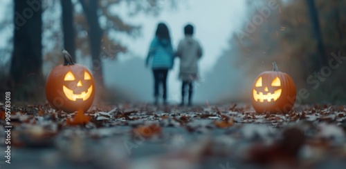 Children Walking Among Jack-O'-Lanterns in a Foggy Autumn Forest