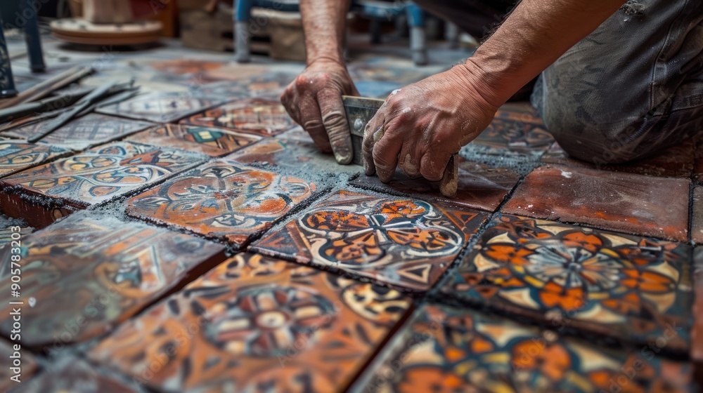 Expertly Laying Patterned Tiles: Skilled Hands Measure and Place Tiles on Floor Expertly Laying Patterned Tiles: Skilled Hands Measure and Place Tiles on Floor