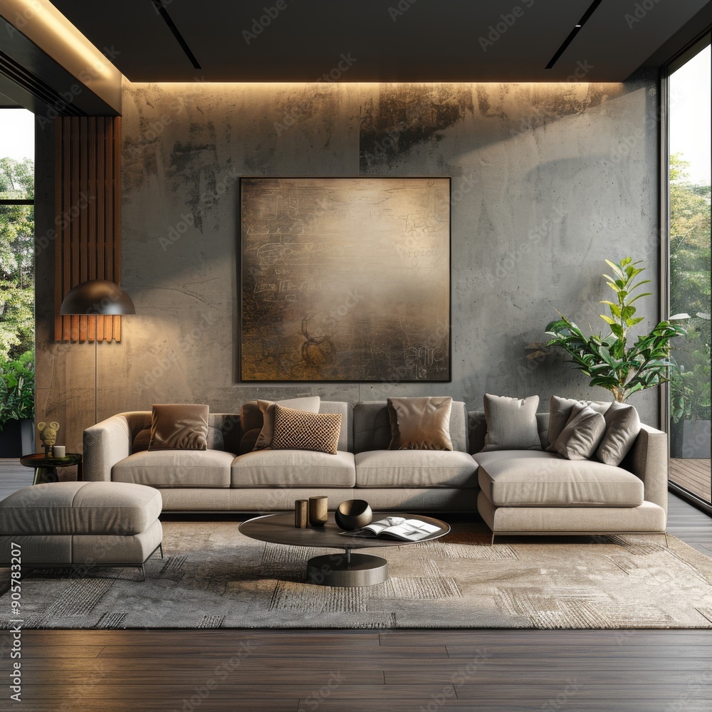 Fototapeta premium Expansive Luxury Modern Living Room with Bright Interiors, a 3D Rendered Showcase of Sophisticated Space and Design Excellence