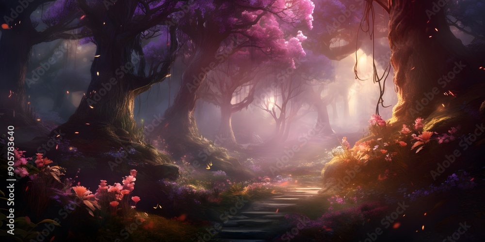 A beautiful fairytale enchanted forest with big trees, a big moon in the sky illuminating trees and great vegetation A beautiful fairytale enchanted forest with big trees, a big moon in the sky illuminating trees and great vegetation