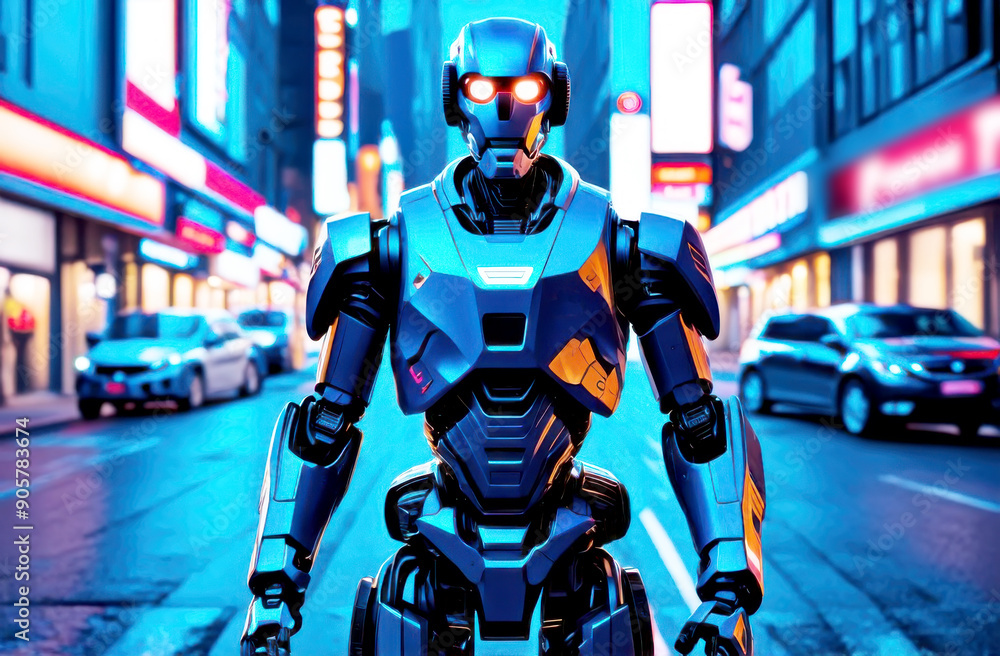 Cyberpunk image. Science fiction robot on the city street at night with neon lights Cyberpunk image. Science fiction robot on the city street at night with neon lights