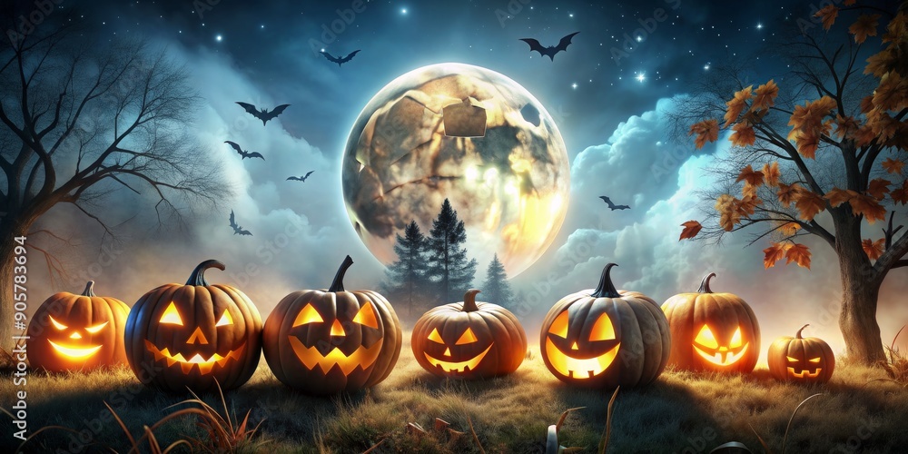 Fototapeta premium Jack-o'-Lantern Gathering Under a Spooky Moon, Digital Painting, Halloween Pumpkins, Night Sky, Bats, Forest, Halloween