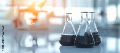 Laboratory Flasks With Dark Liquid at Scientific Research Facility During Day...
