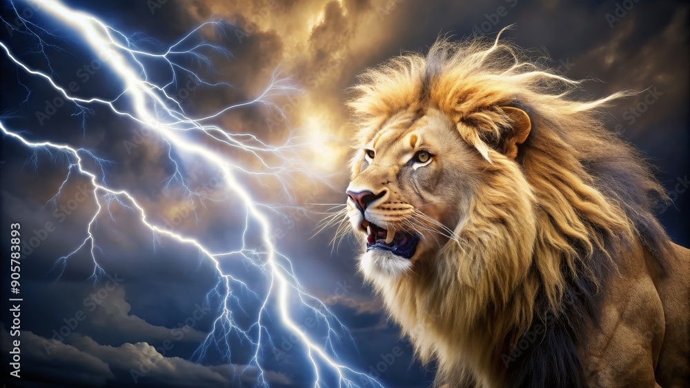 Lion's Roar Amidst a Thunderstorm - A digital illustration of a majestic lion with a flowing mane, against a backdrop of dramatic lightning strikes and stormy clouds. Lion's Roar Amidst a Thunderstorm - A digital illustration of a majestic lion with a flowing mane, against a backdrop of dramatic lightning strikes and stormy clouds.