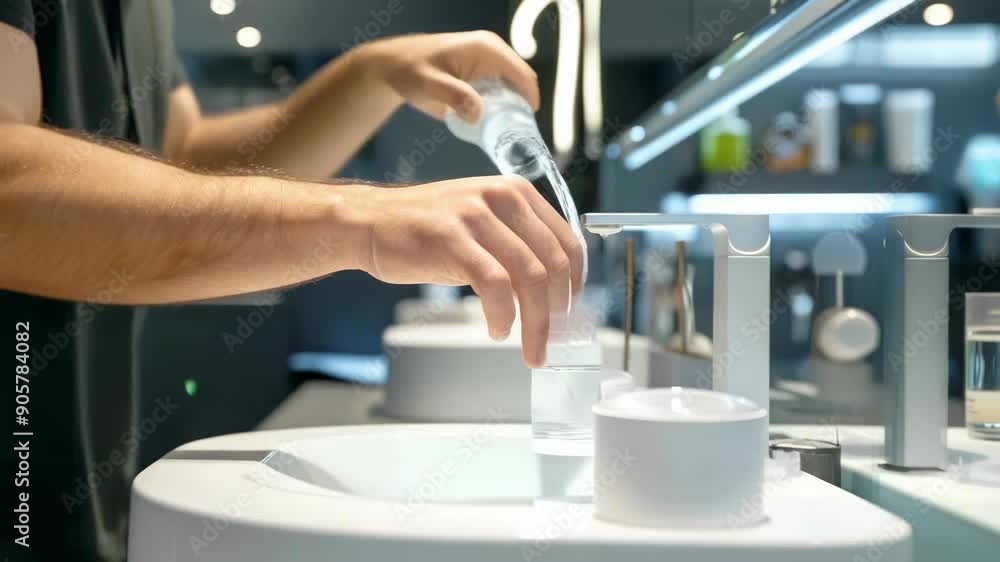 A young caucasian man's hands are shown handling a measuring cylinder, pouring liquid in a dimly-lit, modern laboratory. The scene suggests precise, careful scientific work, focused and methodical. A young caucasian man's hands are shown handling a measuring cylinder, pouring liquid in a dimly-lit, modern laboratory. The scene suggests precise, careful scientific work, focused and methodical.