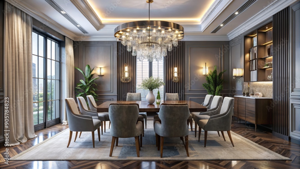 Modern Dining Room with Crystal Chandelier and Grey Velvet Chairs, interior design, home decor, contemporary , luxury Modern Dining Room with Crystal Chandelier and Grey Velvet Chairs, interior design, home decor, contemporary , luxury