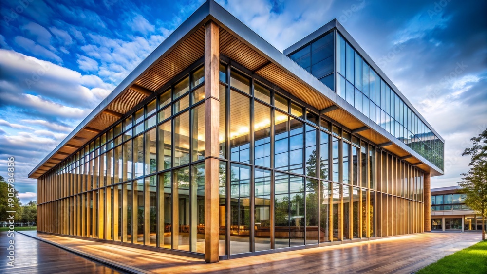 Modern Glass and Wood Office Building with Blue Sky, Wide Angle Perspective, HDR, Exterior, Architecture , building, design Modern Glass and Wood Office Building with Blue Sky, Wide Angle Perspective, HDR, Exterior, Architecture , building, design
