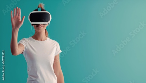 Woman Engaging With Virtual Reality Headset in Modern Indoor Setting
