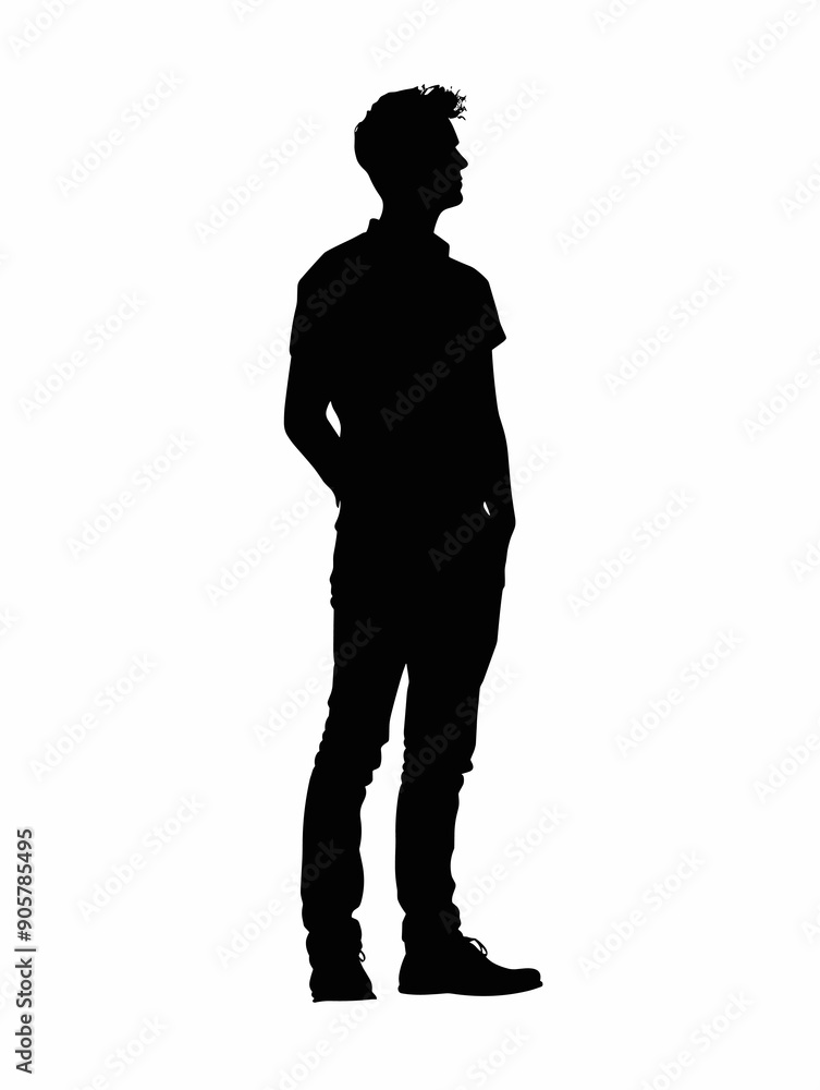 Young man standing with hands on hips vector silhouette illustration isolated on white background Young man standing with hands on hips vector silhouette illustration isolated on white background