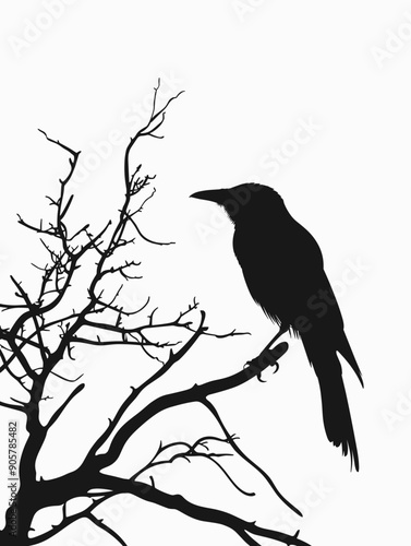 silhouette of a crow sitting on a tree, vector illustration.