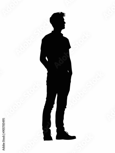 Young man standing with hands on hips vector silhouette illustration isolated on white background