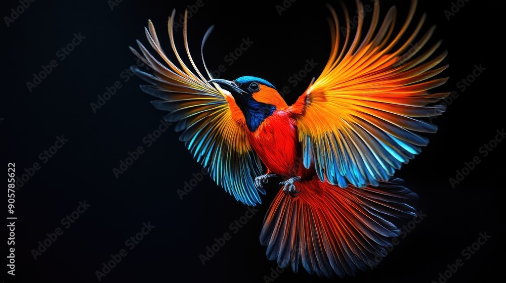 Beautiful bird amidst vibrant colors and long feathers on dramatic black backdrop, exuding energy Beautiful bird amidst vibrant colors and long feathers on dramatic black backdrop, exuding energy