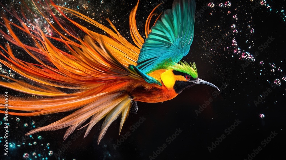 Beautiful bird amidst vibrant colors and long feathers on dramatic black backdrop, exuding energy Beautiful bird amidst vibrant colors and long feathers on dramatic black backdrop, exuding energy