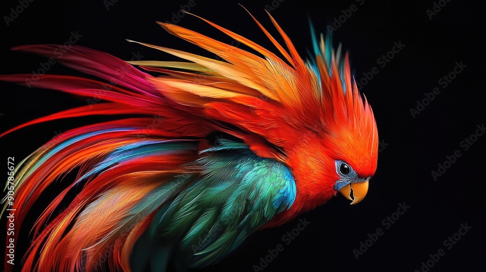Fototapeta premium Beautiful bird with long, colorful feathers on a dramatic black backdrop, exuding energy