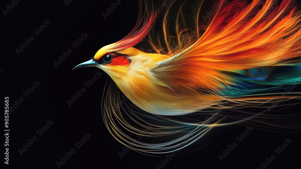 Obraz premium Beautiful bird with long, colorful feathers on a dramatic black backdrop, exuding energy