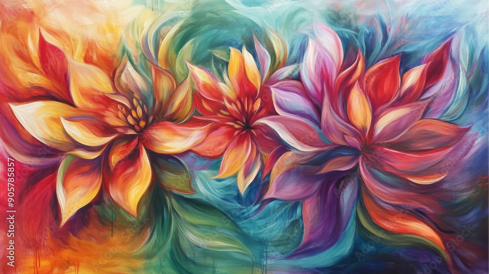 Beautiful dynamic abstract painting with overlapping flowers and A4 frame watermark Beautiful dynamic abstract painting with overlapping flowers and A4 frame watermark