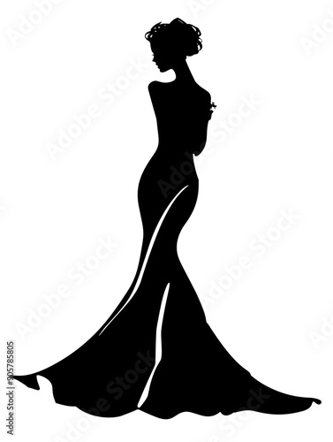 Silhouette of a beautiful woman in a long dress on a white background.