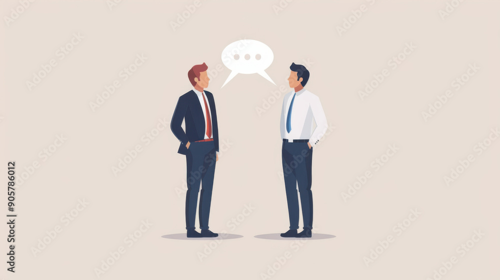 Illustration of two businessmen in suits having a discussion, symbolizing communication, collaboration, and professional interaction. Illustration of two businessmen in suits having a discussion, symbolizing communication, collaboration, and professional interaction.