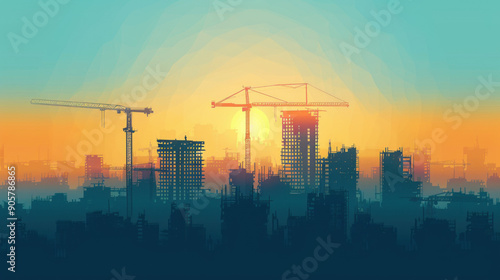 Silhouette of city construction cranes against a sunset backdrop, representing urban development and industrial growth.