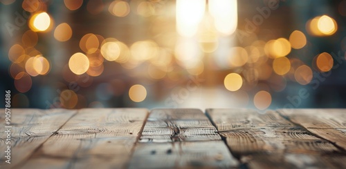 Rustic Wooden Table With Blurry Cafe Background During Golden Hour