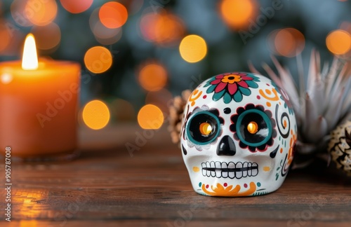 Colorful Sugar Skull and Lit Candle for Day of the Dead Celebration