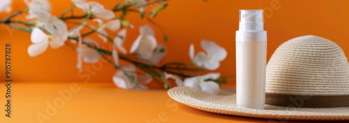 Sun Care Essentials With Straw Hat and Green Leaf on Vibrant Orange Background