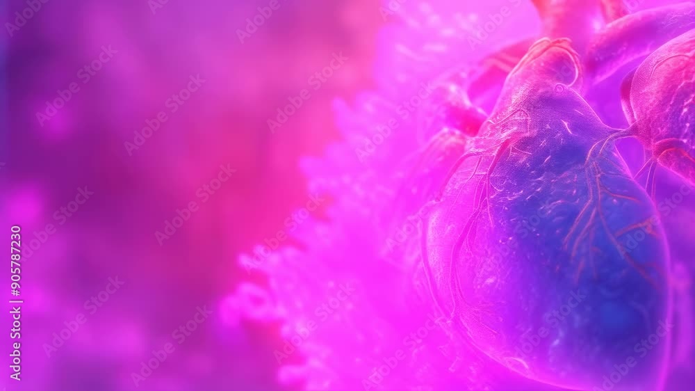A close-up view of a human heart, showcasing intricate veins and arteries. The heart is bathed in vibrant pink and purple hues, creating a surreal and luminous effect, suggesting a medical or A close-up view of a human heart, showcasing intricate veins and arteries. The heart is bathed in vibrant pink and purple hues, creating a surreal and luminous effect, suggesting a medical or