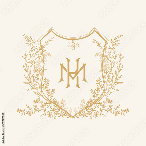MK initial botanical wedding crest design. Vintage monogram with botanical floral crest design vector illustration.