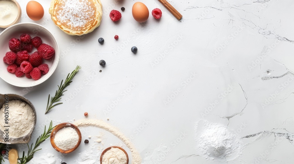Pancake ingredients on white backdrop with space Pancake ingredients on white backdrop with space