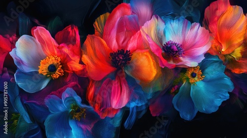 Stunning abstract beauty of flower blooms amidst vibrant colors on dramatic black backdrop