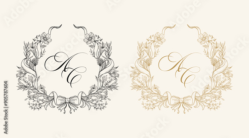 Wedding crest logo, AC initial wedding crest monogram. Luxury Wedding Logo, hand drawn custom wedding crest vector illustration.