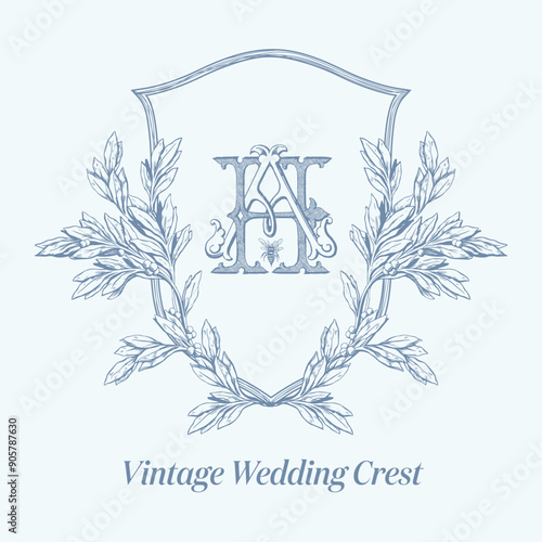 Wedding crest with AH initial vintage monogram. Antique text logo with bee vector illustration.