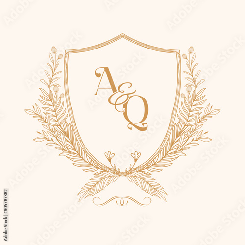 AQ Initial Wedding Monogram Logo Crest, Wedding Logo Design, Custom Wreath Wedding Monogram, Crest Initial Wedding Logo Design.