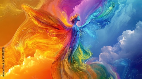 Vibrant abstract angel in paradise with kaleidoscope colors, swirling shapes, on bright cloud background