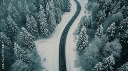 Snow-Covered Road Twisting Through Frosted Evergreen Forest in Winter