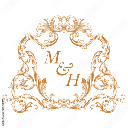 Premium gold vintage baroque frame ornament engraving crest floral design.