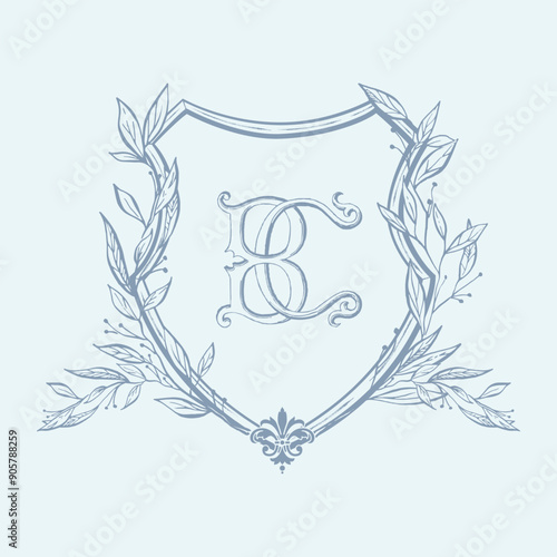 Vintage BC initial wedding crest design. Fleur de lis symbol crest design vector illustration.