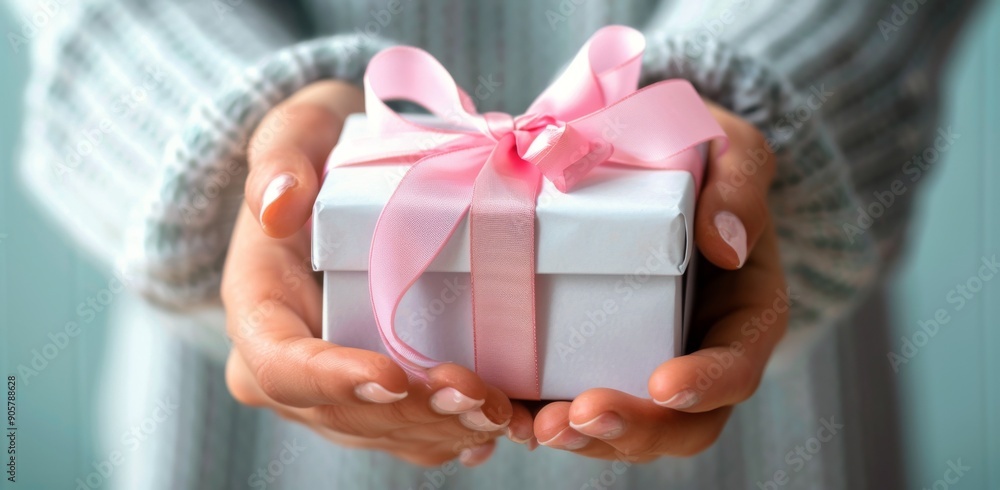 Delicate Gift Wrapped in Pink Ribbon Held by Young Person in Cozy Indoor Setting